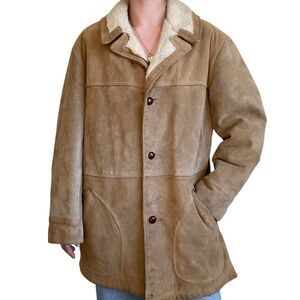 Vintage 80s Mens Aldens Tan Brown Suede Faux Shearling Lined Western Jacket 44R